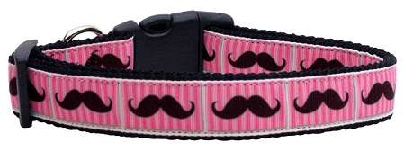 Pink Striped Moustache Nylon Dog Collar XS